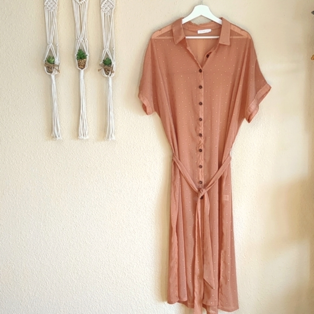 Ces Femme Maxi Shirt Button Through Over shirt Dress Duster Large Blush Gold Dot